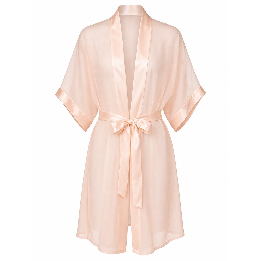 Cine Star Vintage Sheer Robe Medium Peach Satin Trim Belted Glamour Coquette
